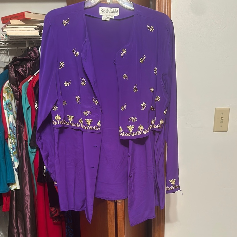 Purple Embroidered silk button up
